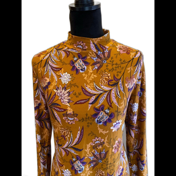 Mudd Dress Size Large Warm Gold & Purple Print Long Sleeve Stretchy Work Casual - Picture 2 of 12